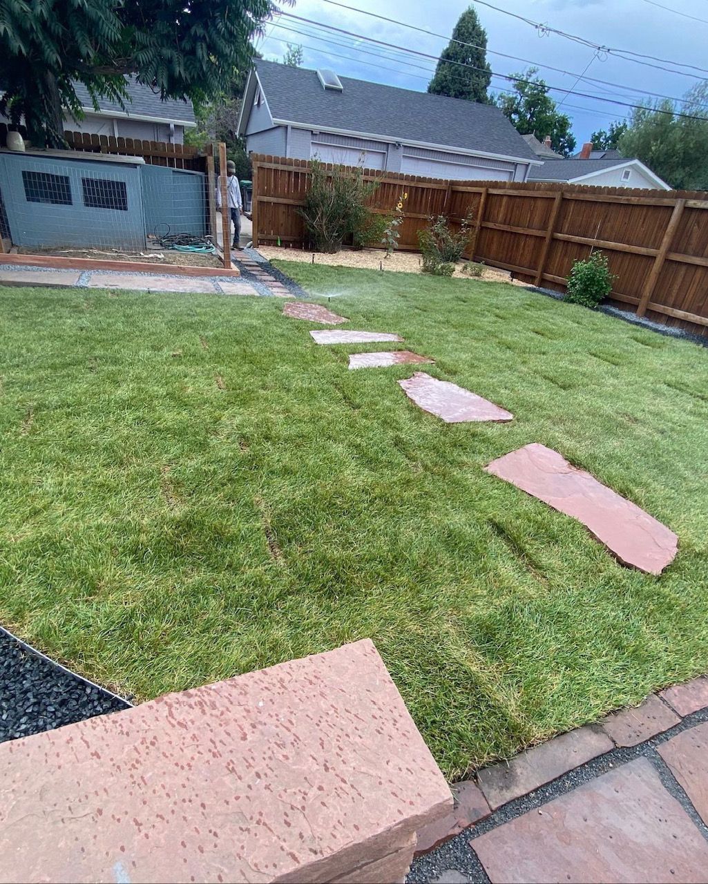 Backyard lawn with pink stepping stones, wooden fence, and a small house in the background